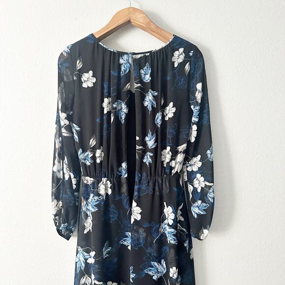 WHBM Black Blue Floral Flowy Long Sleeve Midi Dress women's size 8 - Picture 9 of 12